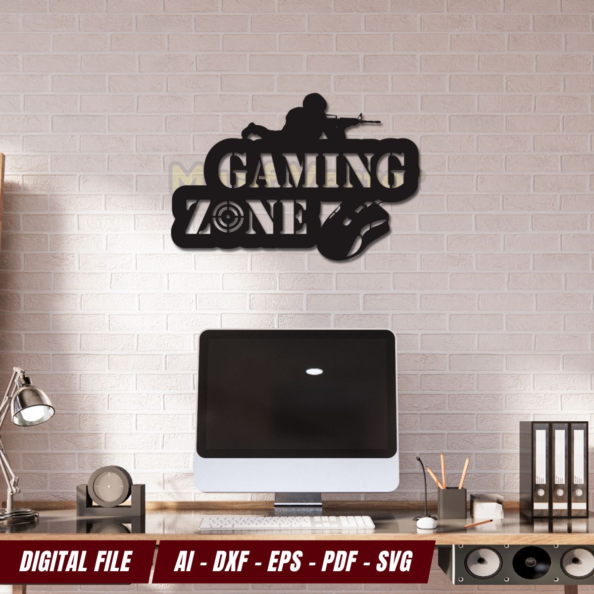 A modern game room boasts a Gaming Zone with a black gaming mouse, console game pad, and figure holding a rifle. Perfect for war games, a minimalist backdrop, creating an ideal blend of tech and home decor.