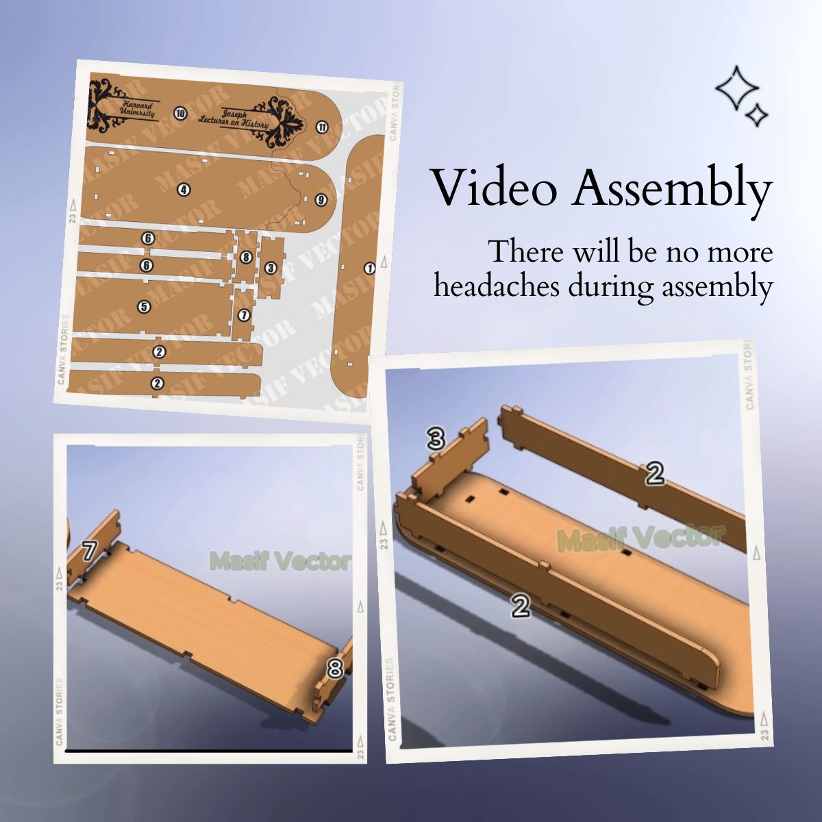 A collage illustrates a step-by-step assembly guide for a pen case pen gift box. Highlighting how this video assembly ensures no headaches with its ease of setup.