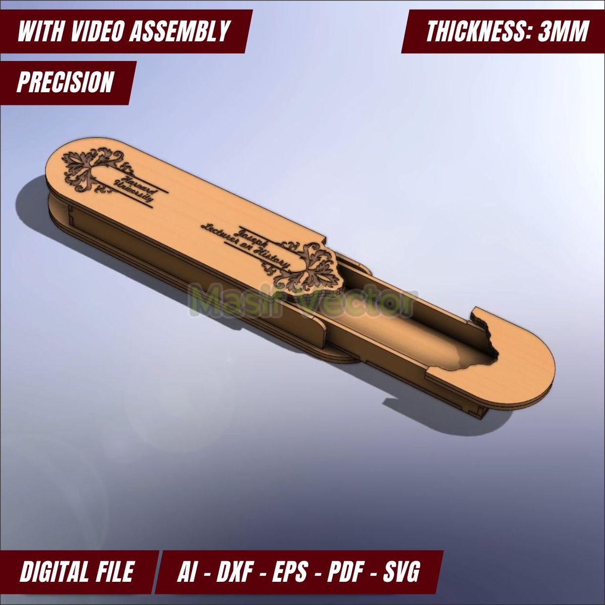 Wooden pen case box model kit with engraved details, ideal for a gift box presentation. Its design is sure to impress friends, bosses, and clients alike with their name engraved.Thickness 3mm, digital file formats AI, DXF, EPS, PDF, SVG.