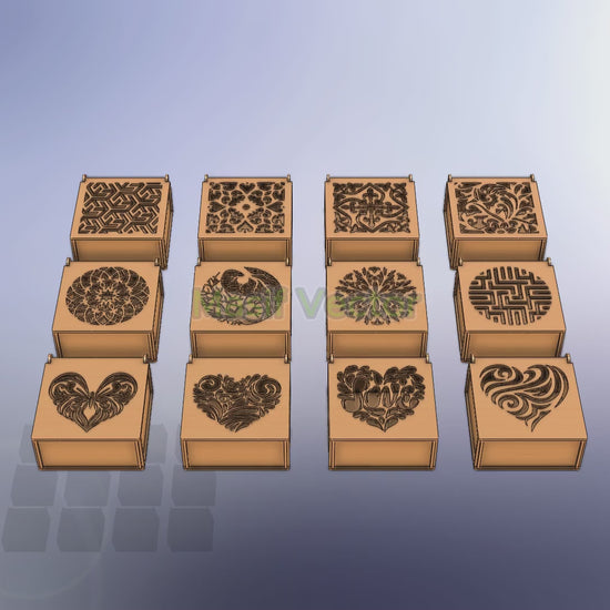 Digital designs for decorative wood box templates showcasing unique laser-cut patterns! Perfect for Cricut SVG projects. Includes AI, DXF, EPS, PDF, and SVG files featuring geometric and heart motifs. Ideal for all crafting enthusiasts!