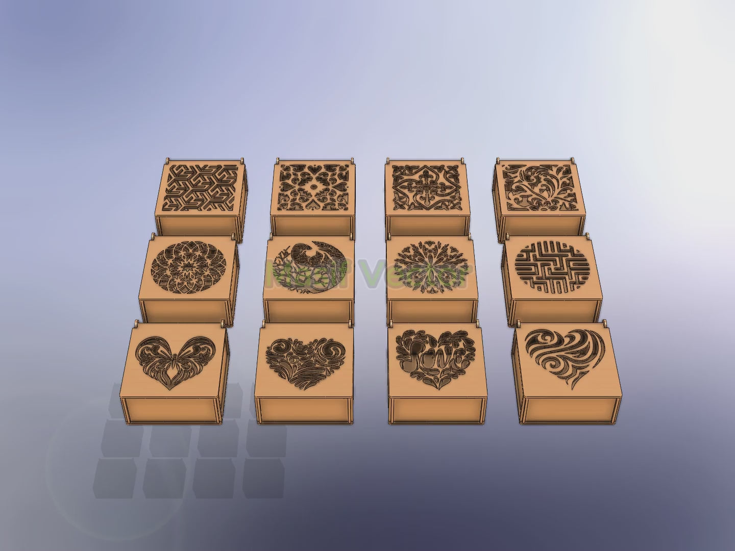 Digital designs for decorative wood box templates showcasing unique laser-cut patterns! Perfect for Cricut SVG projects. Includes AI, DXF, EPS, PDF, and SVG files featuring geometric and heart motifs. Ideal for all crafting enthusiasts!