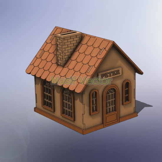 A charming small house with an arched window and door  as a unique money box. Savings with this aesthetically piggy bank. Ready for laser cut files  AI, DXF, EPS, PDF, SVG formats, its designed for 3mm thickness with video assembly available.