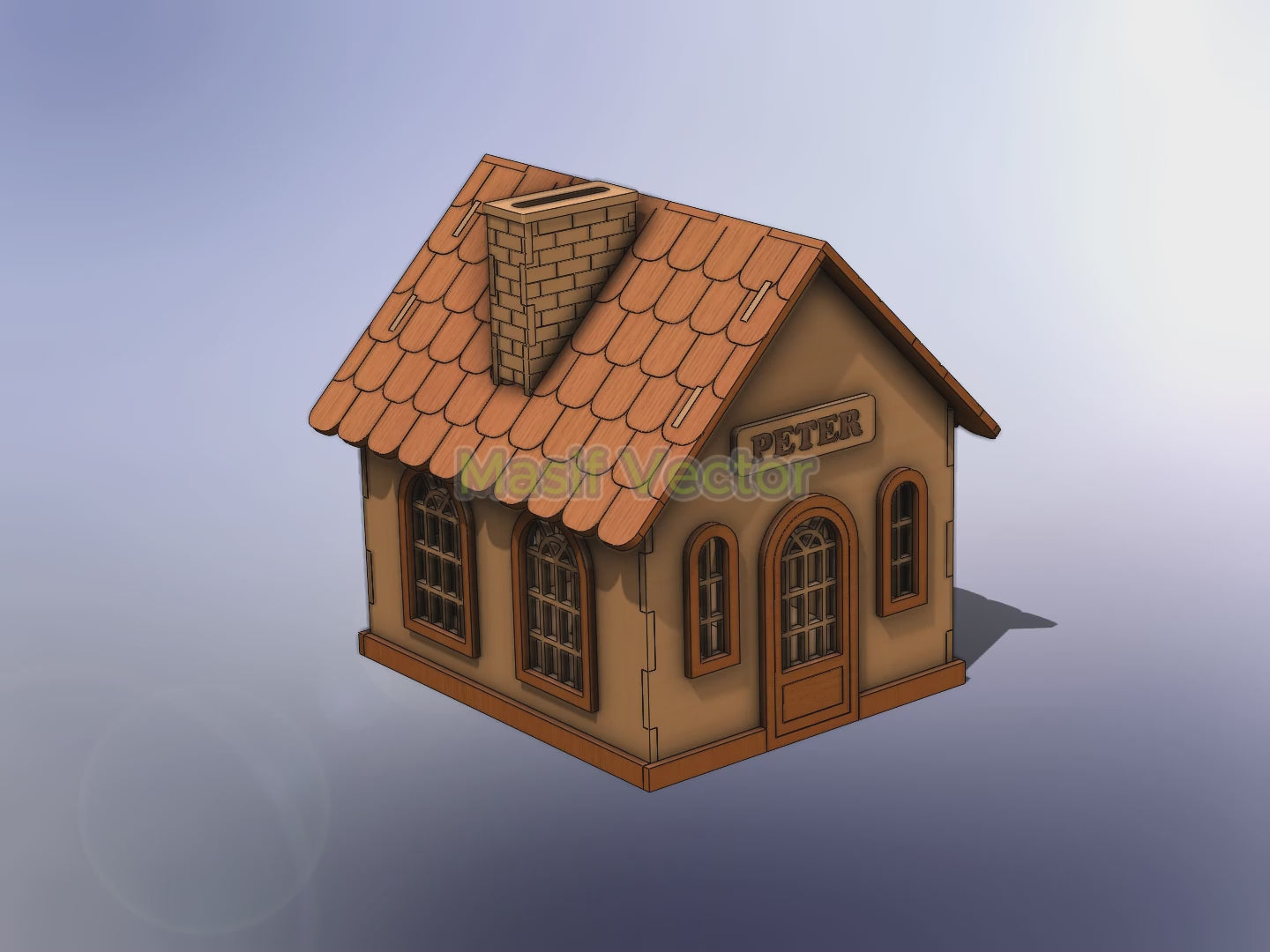 A charming small house with an arched window and door  as a unique money box. Savings with this aesthetically piggy bank. Ready for laser cut files  AI, DXF, EPS, PDF, SVG formats, its designed for 3mm thickness with video assembly available.