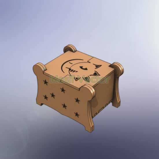 A wooden gift box featuring star-shaped cutouts and a crescent moon with cloud design on top. Perfect for laser cut files, keep your precious wedding jewelry organized. Digital File AI, DXF, EPS, PDF, SVG.