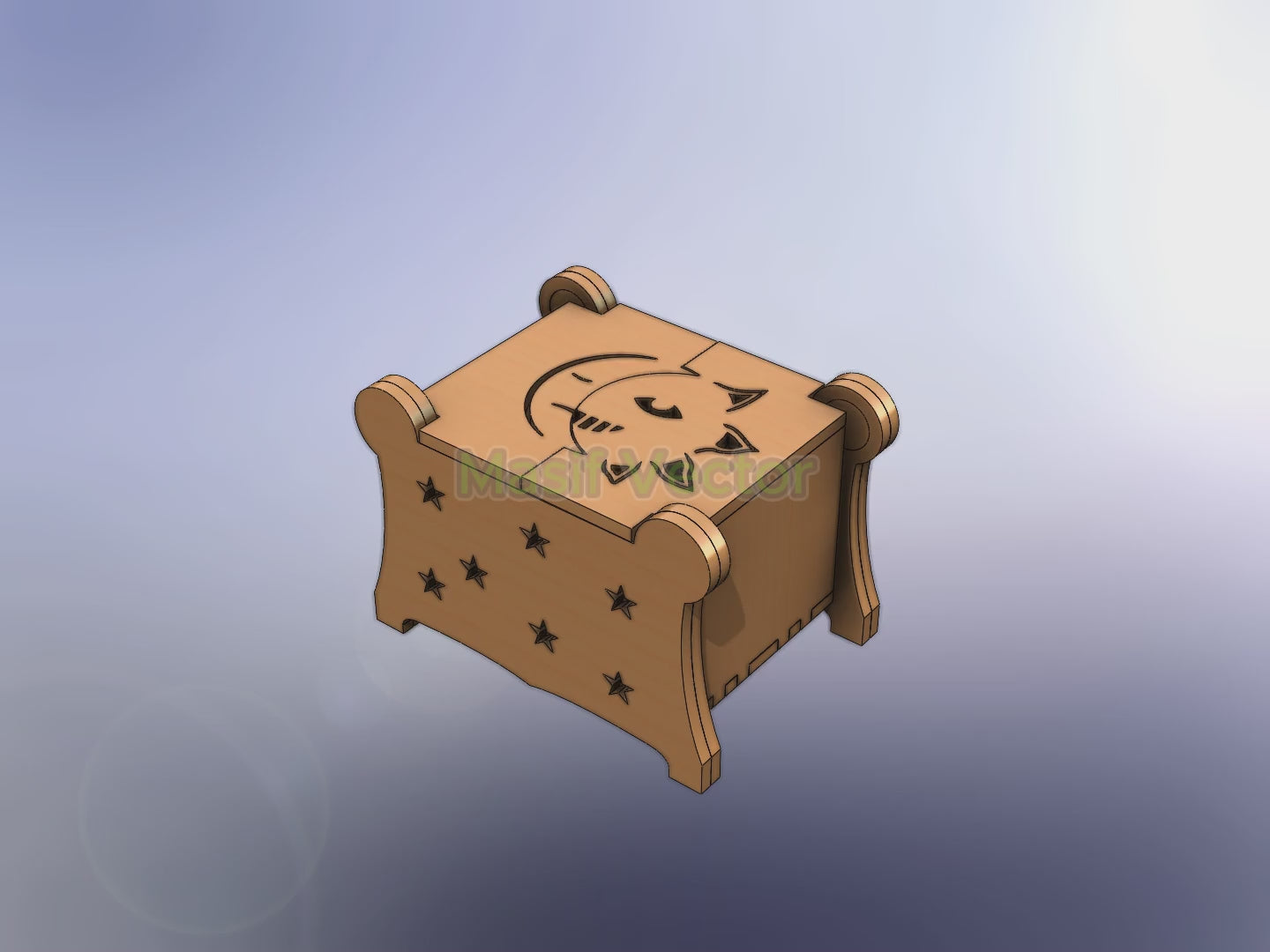 A wooden gift box featuring star-shaped cutouts and a crescent moon with cloud design on top. Perfect for laser cut files, keep your precious wedding jewelry organized. Digital File AI, DXF, EPS, PDF, SVG.